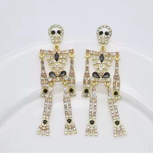14K Gold Skeleton Zircon Dangle Drop Earrings Skull Halloween Witchy Goth Punk